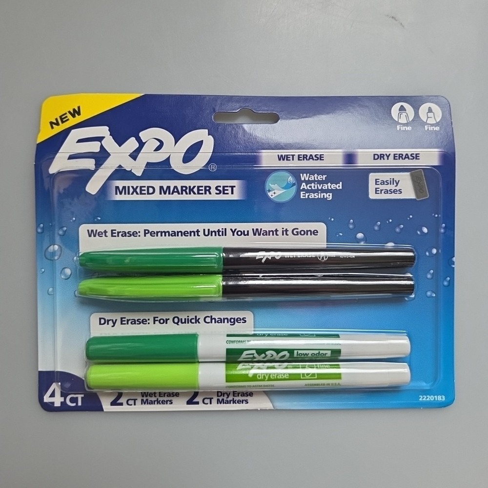 Expo 4ct Fine Mixed 2 Dry / 2 Wet Erase Marker Assorted Green, NEW